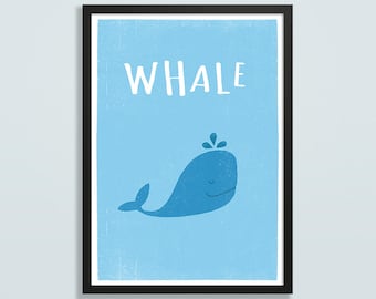 Whale illustration nursery art print / Custom baby name gift / Personalised nautical theme kids poster