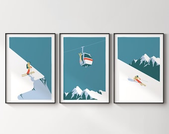 Ski art prints / Set of 3 vintage style ski posters