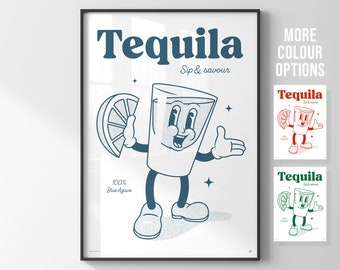 Vintage retro Tequila shot poster / Cocktail art print / Bar cart decor / Kitchen gift ideas / Retro line art / Student vibes