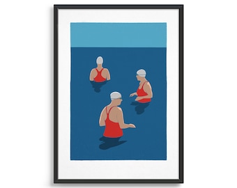 May include: Three swimmers wearing red swimsuits and white swim caps are in a blue pool. The swimmers are facing different directions.