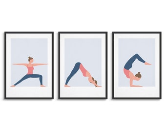 May include: Three framed illustrations of a person in different yoga poses. The poses are Warrior Two, Downward-Facing Dog, and Forearm Balance. The illustrations are in a minimalist style with a light blue background.