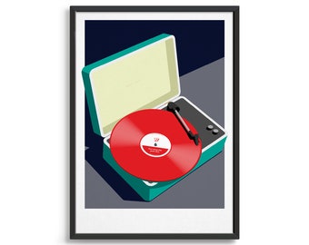 May include: A teal vintage record player with a red vinyl record on the turntable. The record player is open and the lid is propped up behind the turntable.