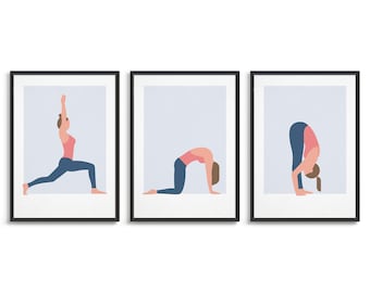 May include: Three framed illustrations of a person doing different yoga poses. The first pose is a warrior pose, the second is a cat-cow pose, and the third is a forward fold pose. The illustrations are in a minimalist style with a light blue background.