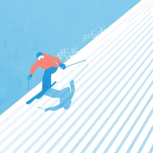 May include: Illustration of a skier in a red jacket and blue trousers skiing down a snow-covered slope. The skier is depicted in a dynamic pose, with ski poles in hand. The background features a light blue sky and white snow lines.
