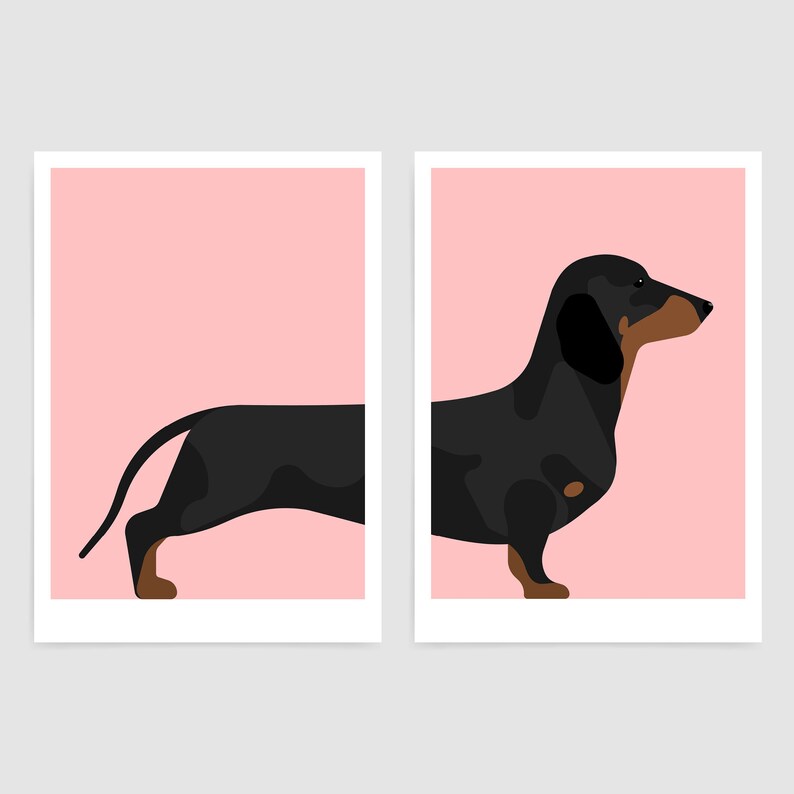 May include: A two-part wall art set featuring a black and tan dachshund dog illustration. The left panel shows the rear of the dog with a tail, while the right panel shows the front of the dog with a head and chest, all set against a solid pink background.