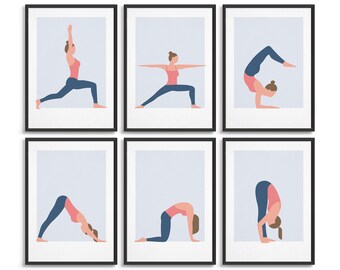 May include: Six framed illustrations of different yoga poses. Each pose is depicted with a woman in a pink tank top and blue trousers. The frames are black with a white mat.