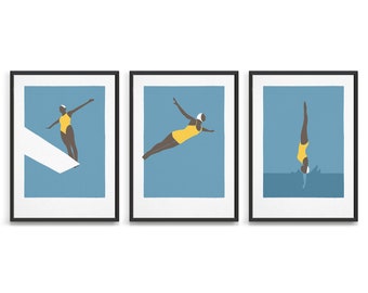 3 piece wall art of diving woman / Swimming art triptych for a gallery wall / Above bed art set of 3 vintage retro swimming prints