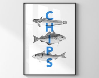 Fish and Chips art print / Kitchen art / British seaside poster / Christmas gift for food lover / Restaurant decor / Affiche de cuisine