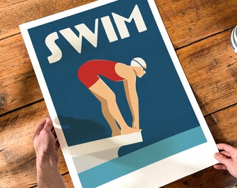 Personalised swimming print for washroom or bathroom decor / Art deco vintage style diving woman poster