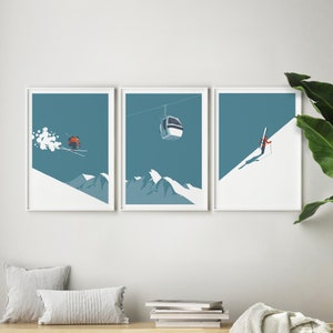 Ski art gallery wall / Vintage ski poster set of 3 prints / Ski decor travel prints / Winter sports mountain art / Gift ideas for a skier