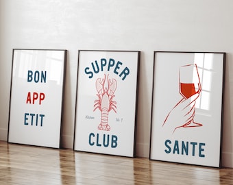 Set of 3 kitchen posters / Bon appetite, Supper club and Sante art prints / French bistro decor / Kitchen cooking gift for foodie