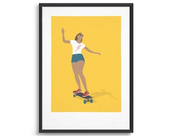 Girl on skateboard art print / Gift for a female skateboarder / Minimal skateboarding woman poster