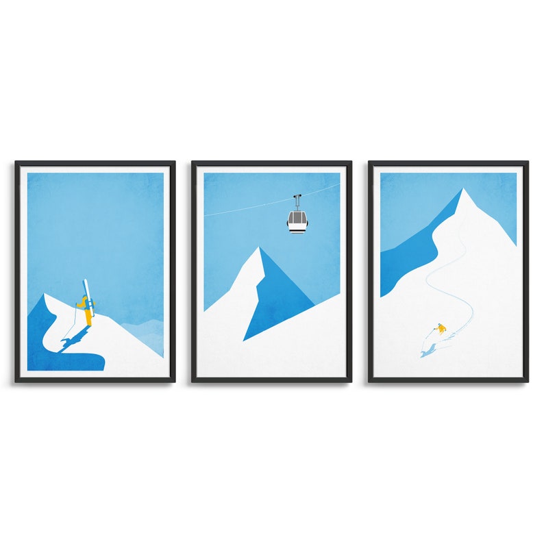 Ski art gallery wall / Vintage ski poster set of 3 prints / Ski decor travel prints / Snowboard mountain art / Minimal home decor gift ideas 