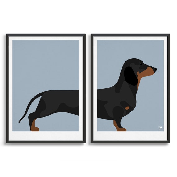 Set of 2 Sausage dog posters / Pair of Wiener dog prints / Dachshund art / Gift for a Sausage Dog lover / Modern design wall art