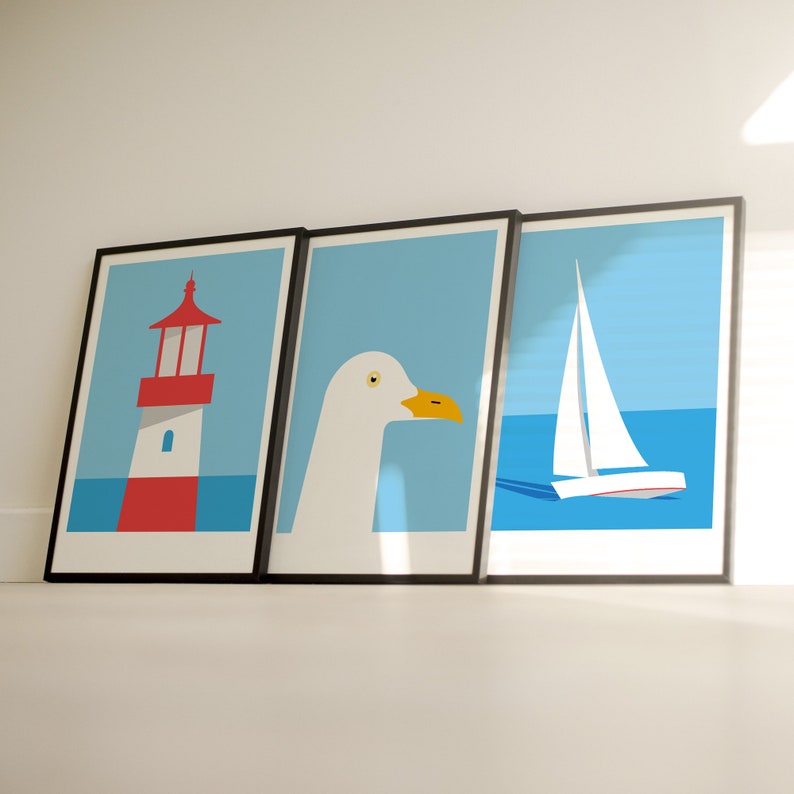 Set of 3 nautical prints / Minimal coastal wall art / Seaside poster triptych image 4