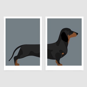 May include: A two-part wall art set featuring a stylized illustration of a black and tan dachshund dog. The left print shows the rear section with a tail, while the right print displays the front section with the head, neck, and chest.