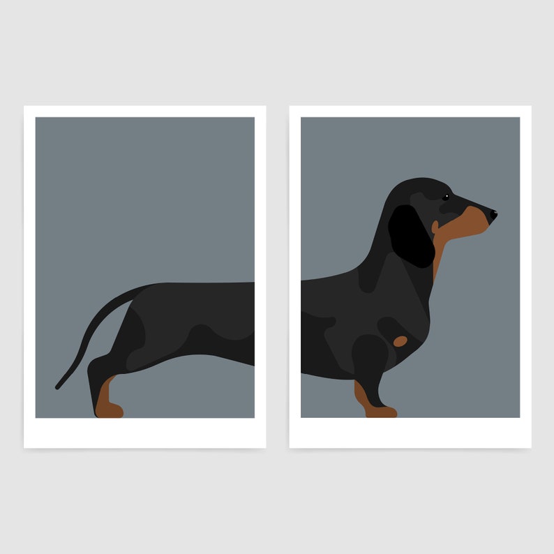 May include: A two-part wall art set featuring a stylized illustration of a black and tan dachshund dog. The left print shows the rear section with a tail, while the right print displays the front section with the head, neck, and chest.