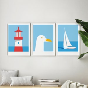 Set of 3 nautical prints / Minimal coastal wall art / Seaside poster triptych image 2
