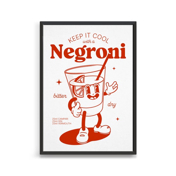 Negroni print / Vintage retro cocktail poster / Bar cart prints / Gift ideas for a barman or cocktail waiter / Retro cartoon wall art print