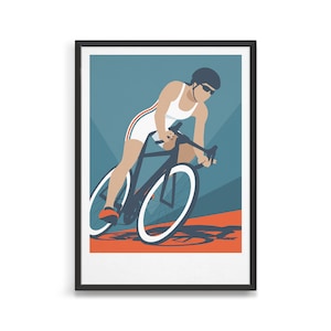 May include: A cyclist in a white racing suit and helmet rides a black bicycle with white tyres on a blue and orange background.
