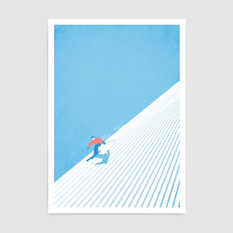May include: A ski-themed art print. It depicts a skier in a red jacket and blue trousers skiing down a snow-covered slope. The background is a light blue sky, and the print has a clean, modern aesthetic.