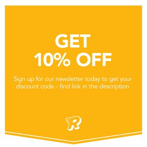Puede incluir: Gr&aacute;fico amarillo con texto blanco que dice "GET 10% OFF". Reg&iacute;strese en nuestro bolet&iacute;n informativo hoy para obtener su c&oacute;digo de descuento: encuentre el enlace en la descripci&oacute;n. El gr&aacute;fico tambi&eacute;n presenta una letra "R" blanca con un ala en la parte superior.