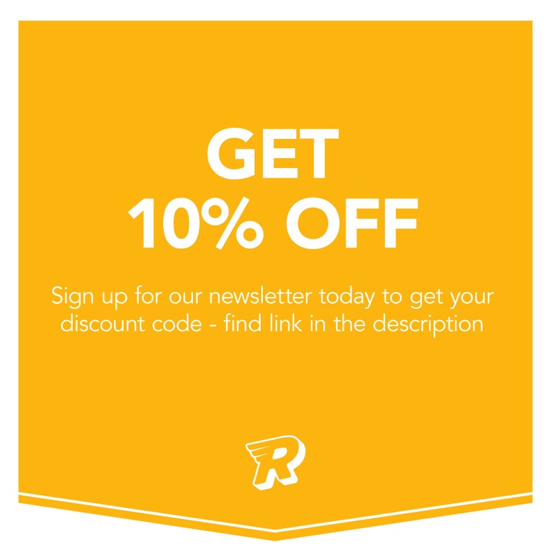 Puede incluir: Gr&aacute;fico amarillo con texto blanco que dice "GET 10% OFF". Reg&iacute;strese en nuestro bolet&iacute;n informativo hoy para obtener su c&oacute;digo de descuento: encuentre el enlace en la descripci&oacute;n. El gr&aacute;fico tambi&eacute;n presenta una letra "R" blanca con un ala en la parte superior.