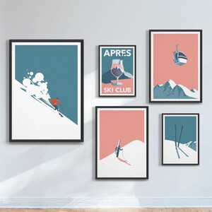 Ski art gallery wall / Ski poster set of 5 prints / Skiing feature wall / Ski decor art print bundle