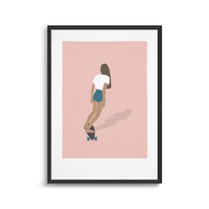 Skateboard girl / Skateboarding poster / Terracotta art print / Pastel decor for daughter