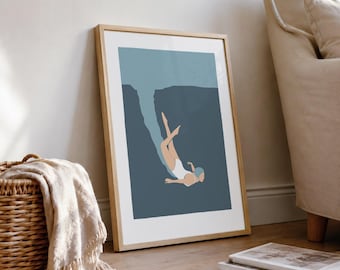 Retro Diver Swimming Print: Art Deco Ocean Poster, Coastal Wall Art