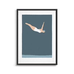 Modern retro art print / Female swimmer diving into swimming pool / Swimming illustration poster