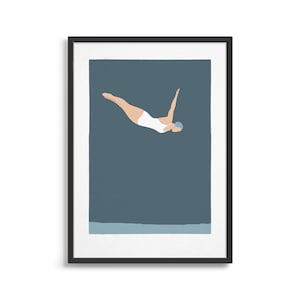 Modern retro art print / Female swimmer diving into swimming pool / Swimming illustration poster