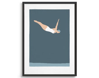 Modern retro art print / Female swimmer diving into swimming pool / Swimming illustration poster