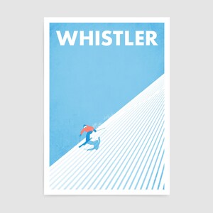 May include: A poster featuring the word "WHISTLER" in white capital letters. It depicts a skier in a red jacket and blue trousers on a snow-covered slope, set against a light blue sky.