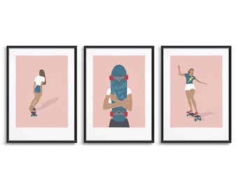 Lot de 3 affiches d'art de skateboard / Collection d'affiches de filles de skateboard