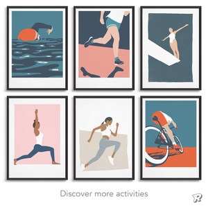 May include: Six framed art prints with minimalist illustrations of sports and activities. The prints show swimming, running, diving, yoga, sprinting, and cycling. The colour scheme includes blues, pinks, and oranges. The text "Discover more activities" is at the bottom.