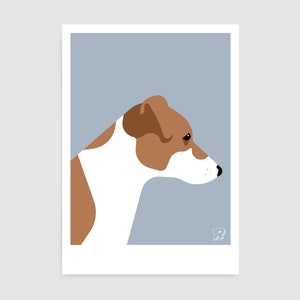 May include: A brown and white Jack Russell Terrier dog with a light blue background. The dog is looking to the right of the image.