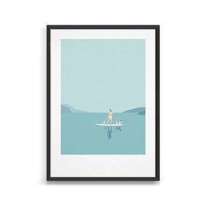 Woman paddle boarding with dog poster / Minimal paddle board art print / Gift for paddleboarder