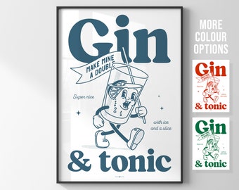 Gin and tonic print / Vintage retro cocktail poster / Bar cart decor / Kitchen gift ideas / Retro cartoon wall art print