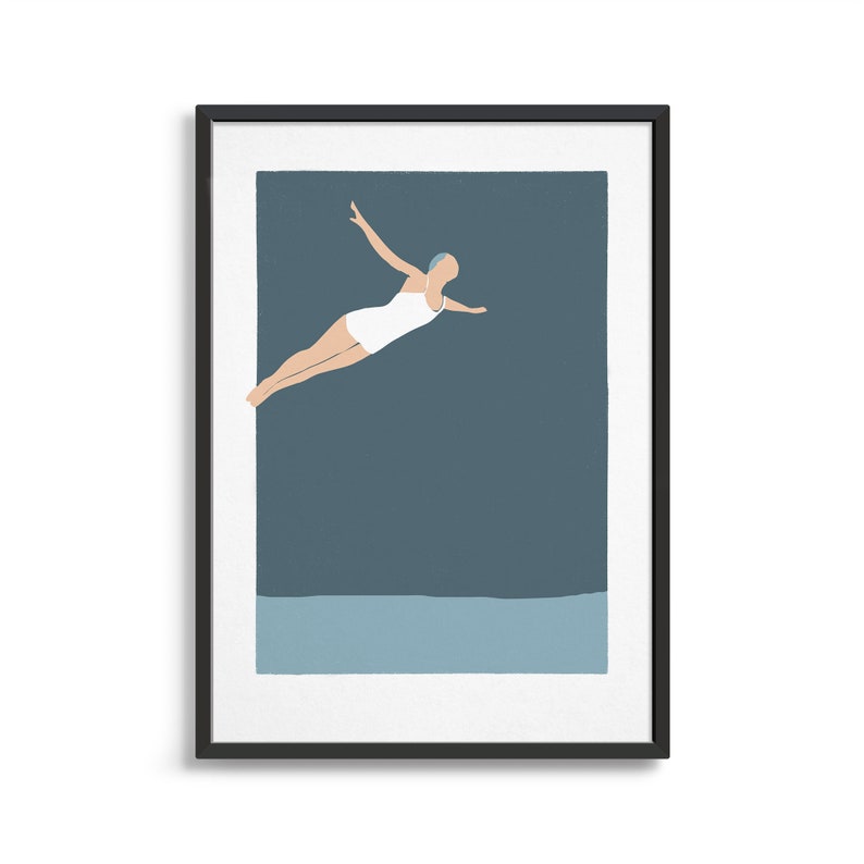 Diving girl art print Minimal wall art gift for a modern Scandinavian interior