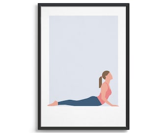 May include: A framed illustration of a person doing a yoga pose, the Cobra pose, on a light blue background. The person is wearing a pink tank top and blue trousers.