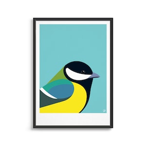 Poster della cinciallegra / Stampa artistica di uccelli da giardino del Regno Unito / Arte da parete originale per uccelli / Arredamento moderno ispirato alla natura