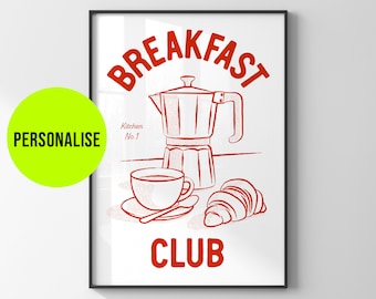 Personalised breakfast club poster / Trendy modern kitchen art print / Custom gift for foodie / Food line art / Coffee wall decor