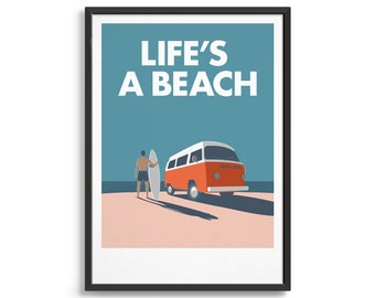 Personalised surf poster / Retro camper van / Summer ocean art print / Beach decor / Custom surf art