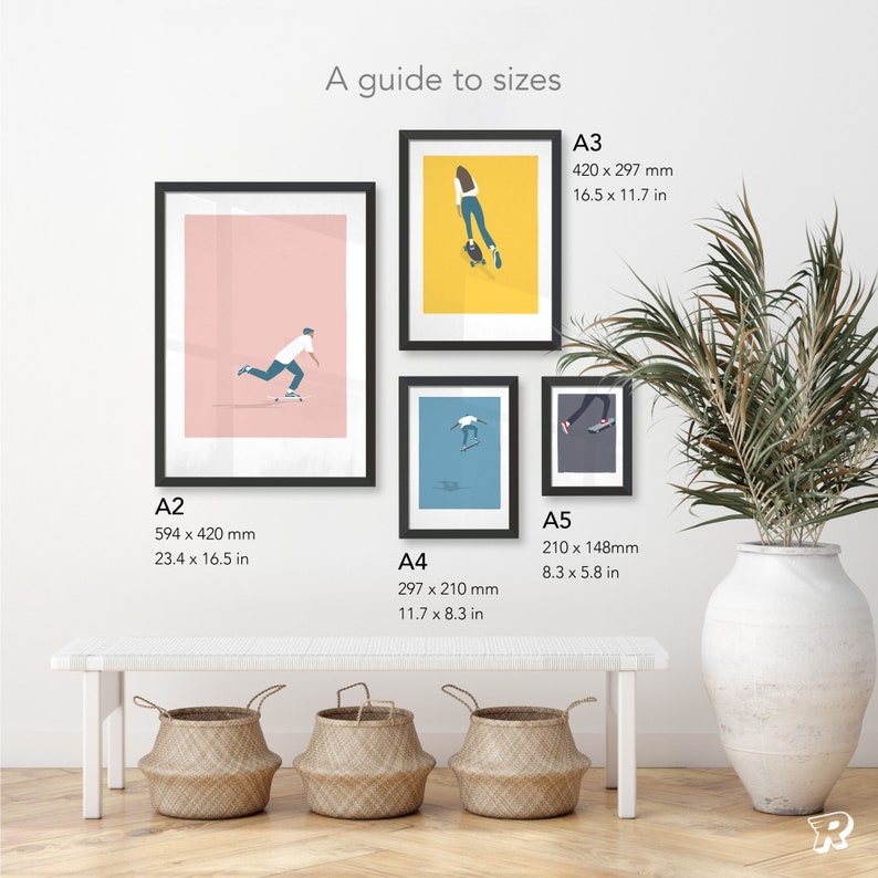 May include: A guide to sizes for different sized frames. The frames are black and show different illustrations of people skateboarding. The sizes are listed in inches and millimetres. A3 is 16.5 x 11.7 inches or 420 x 297 millimetres. A2 is 23.4 x 16.5 inches or 594 x 420 millimetres. A4 is 11.7 x 8.3 inches or 297 x 210 millimetres. A5 is 8.3 x 5.8 inches or 210 x 148 millimetres.