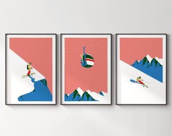 Set of 3 retro vintage ski posters