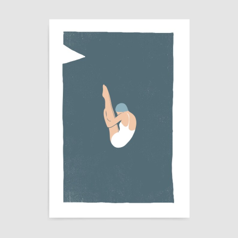 Cartel de natación vintage / Impresión de arte de trampolín estilo serigrafía Azul