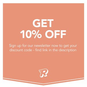 May include: A peach-colored graphic with white text that reads "GET 10% OFF". Below the text is a smaller white text that reads "Sign up for our newsletter now to get your discount code - find link in the description". The graphic has a white stylized letter "R" at the bottom.