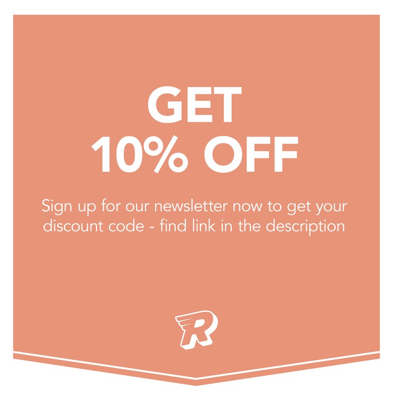 May include: A peach-colored graphic with white text that reads "GET 10% OFF". Below the text is a smaller white text that reads "Sign up for our newsletter now to get your discount code - find link in the description". The graphic has a white stylized letter "R" at the bottom.