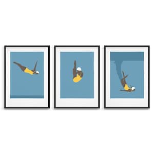 3 piece wall art of diving woman / Swimming art triptych for a gallery wall / Above bed art set of 3 vintage retro swimming prints